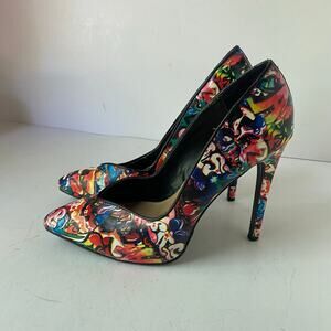 Just Fab Heels Kristal Graffiti Print Stiletto Pumps Pointed Toe Size 8 GUC Read
